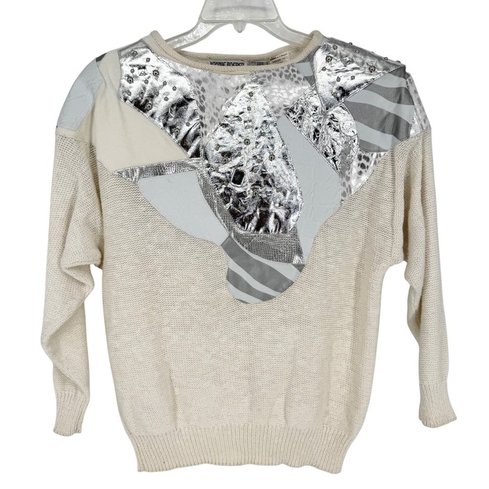 Vintage 1980s Heavily Decorated‎ Color Block Gemstone Knit Sweater White Size SP